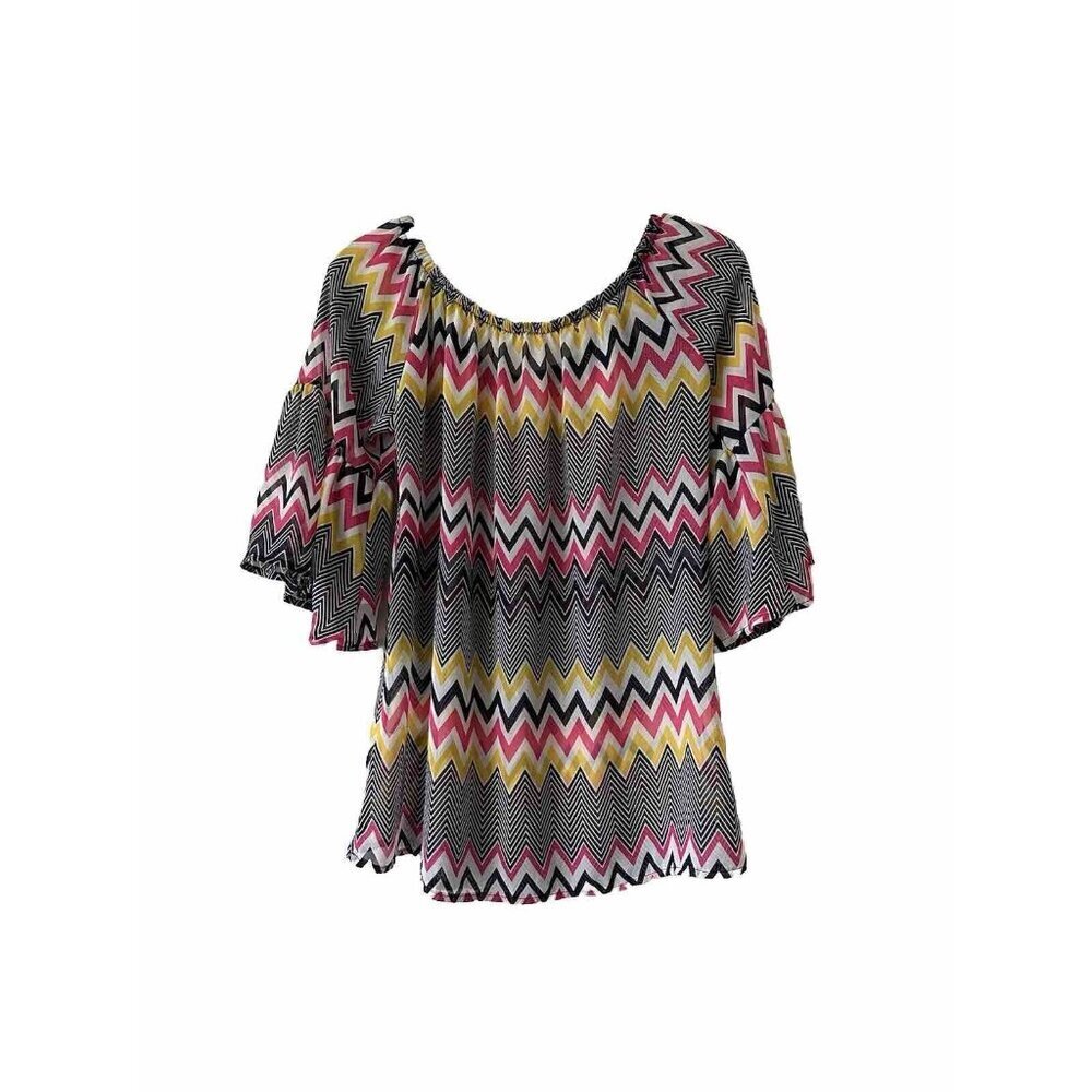 Voel Chevron Print Fluter Sleeve Sheer Blouse Size M Yellow Black Red Lightweigh